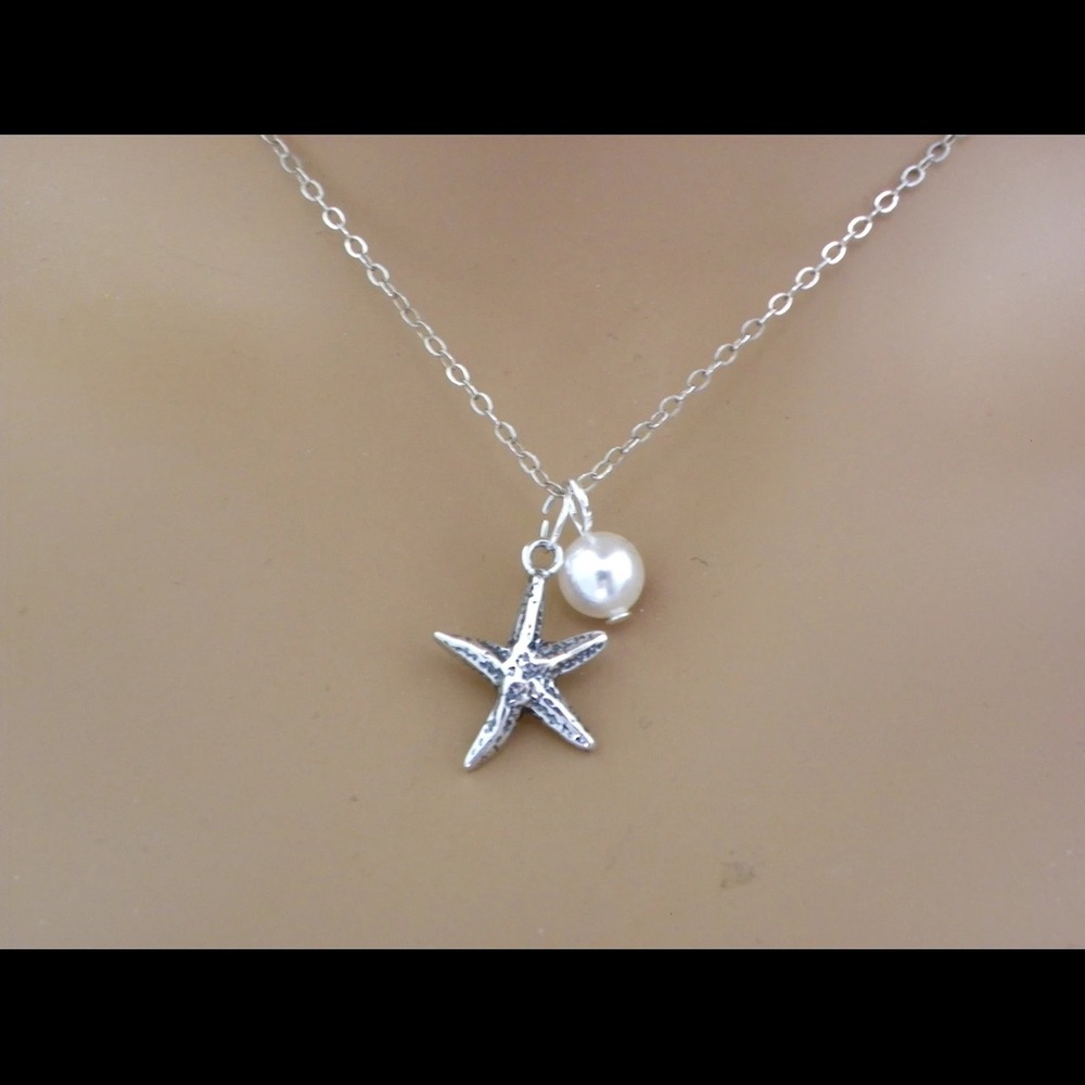 Handmade Sterling silver starfish charm pearl necklace
